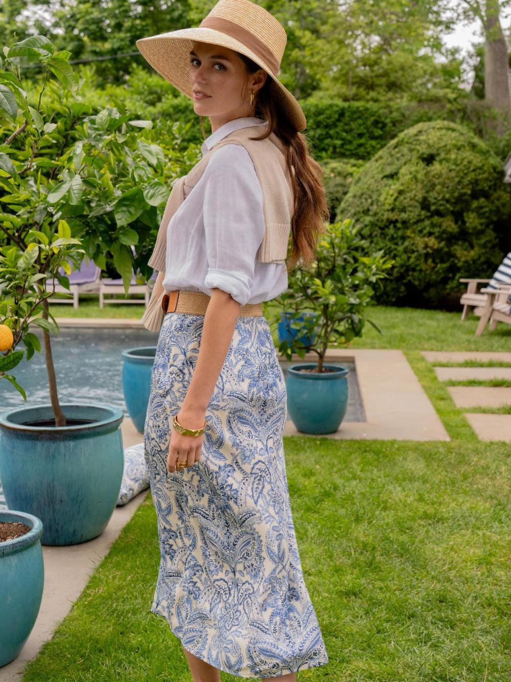 J.McLaughlin Adelyn Silk Blend Skirt In Paisley Flourish Bias Off White/dark Blue | Women Skirts