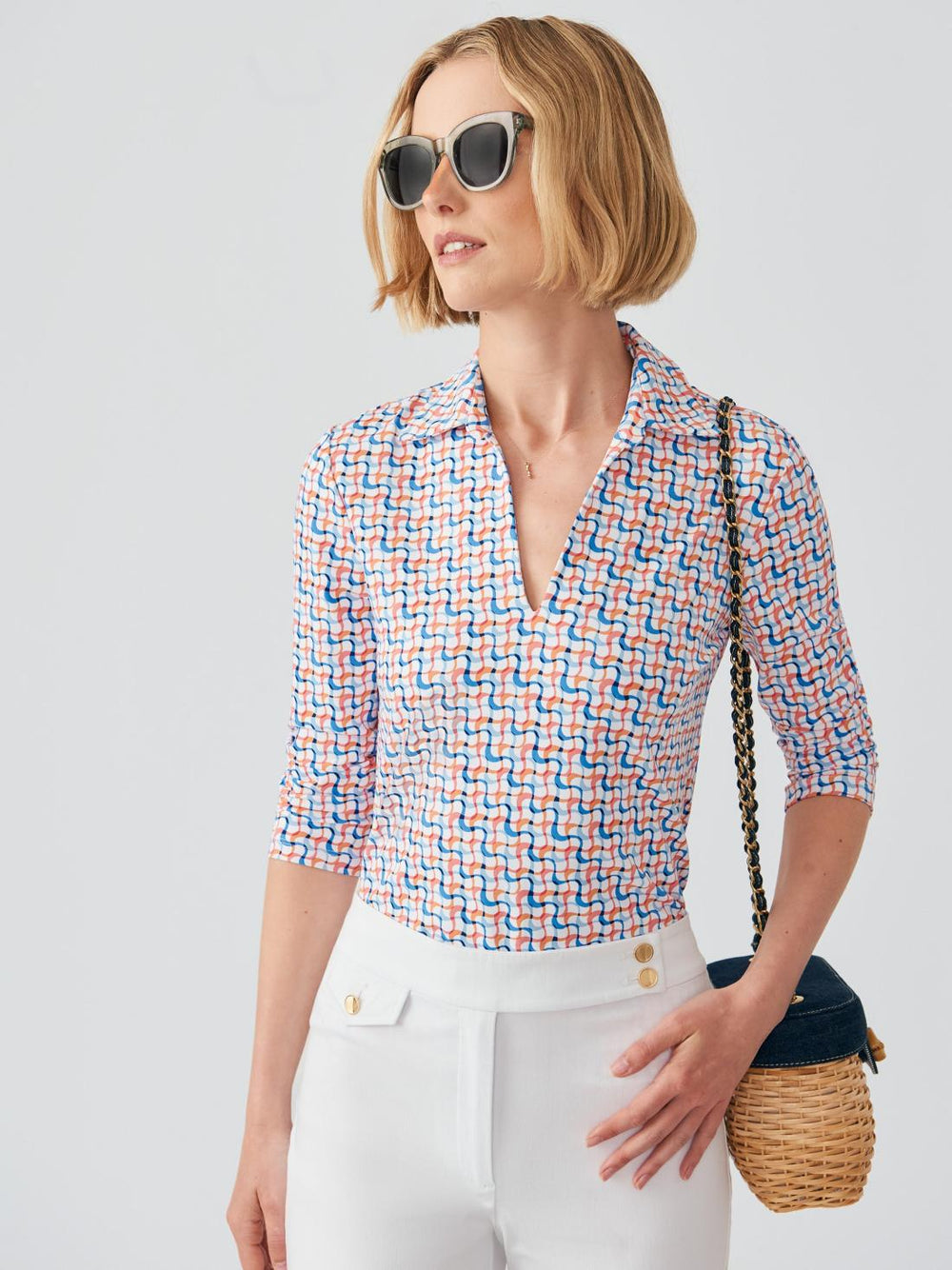 J.McLaughlin Aida 3/4 Sleeve Top In Mini Ocean Ribbon White/multi | Women Shirts & Tops