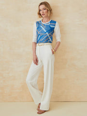 J.McLaughlin Alessandra Silk Blend Tee In Buckhead Belt Texture Denim/tan | Women Shirts & Tops