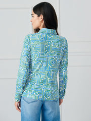 J.McLaughlin Betty Shirt In Geo Maze Off White/blue/green | Women Shirts & Tops