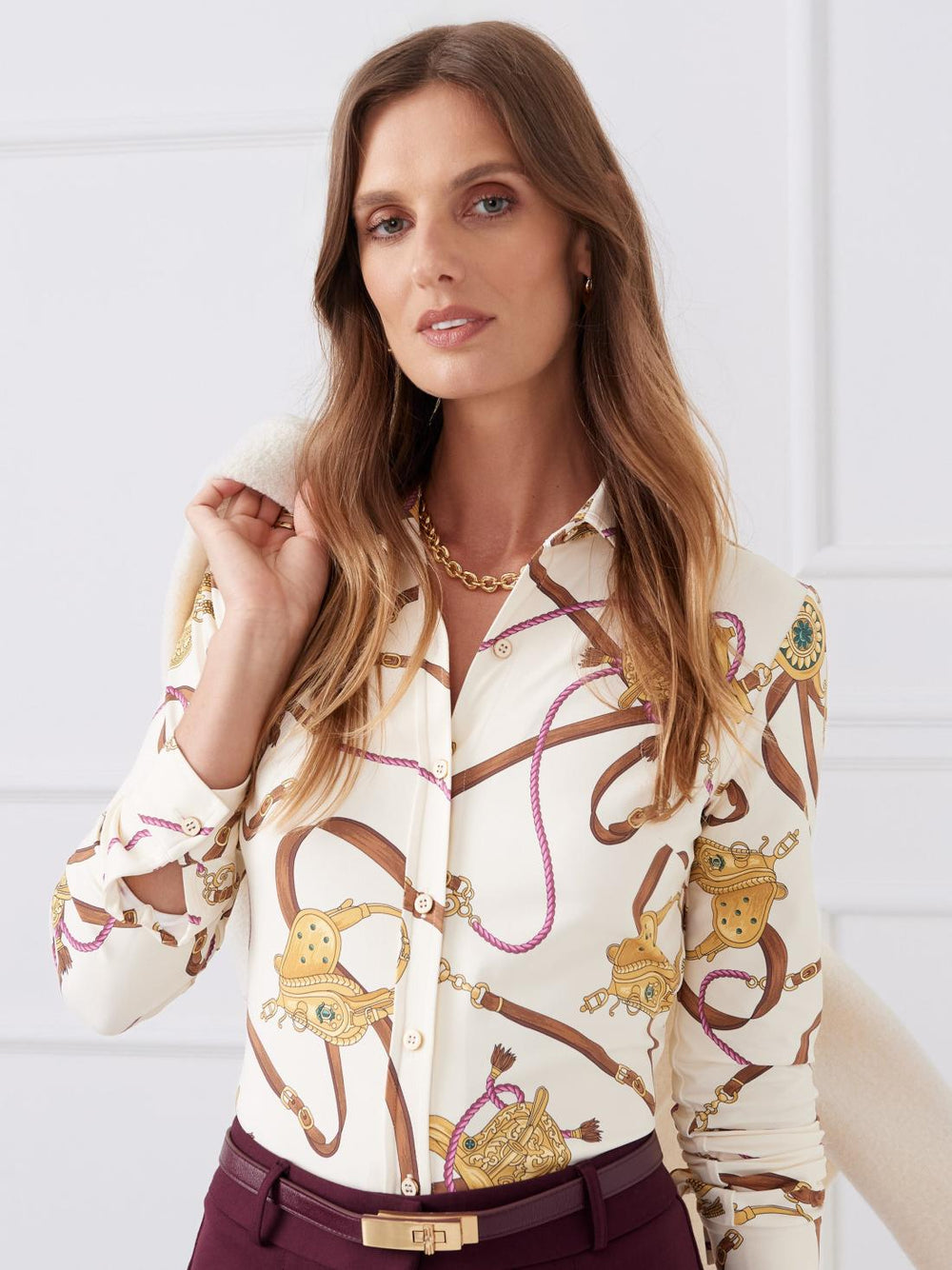 J.McLaughlin Betty Shirt In Neo Scylla Off White/gold/brown | Women Shirts & Tops
