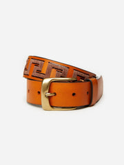 J.McLaughlin Caerus Leather Belt In Greek Key Natural/dark Brown | Men Belts