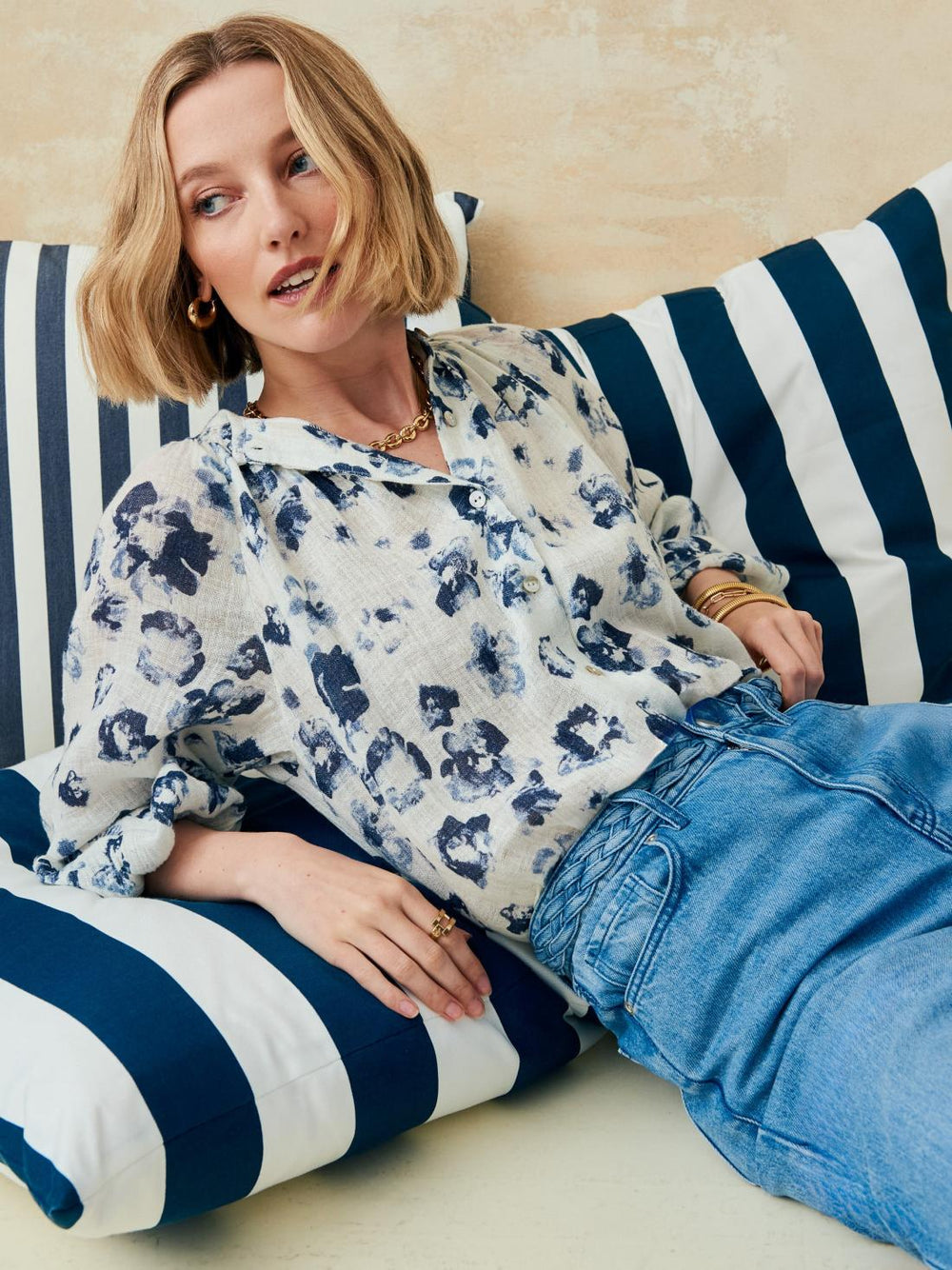 J.McLaughlin Constance Linen Blouse In Painted Leopard White/blue | Women Shirts & Tops