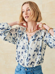 J.McLaughlin Constance Linen Blouse In Painted Leopard White/blue | Women Shirts & Tops