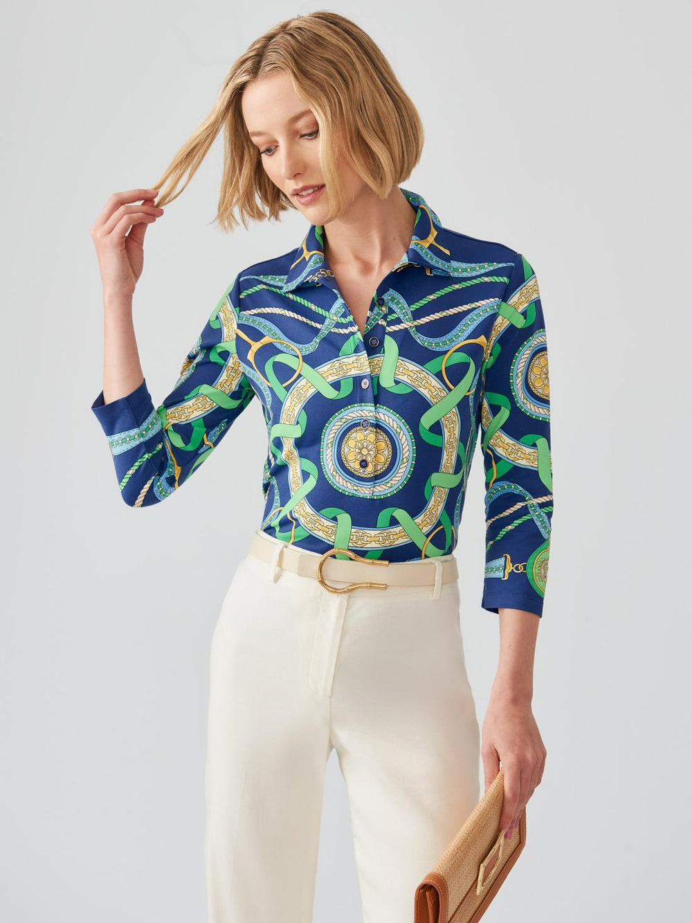 J.McLaughlin Court 3/4 Sleeve Polo In Nouveau Middleburg Navy/green/blue | Women Shirts & Tops