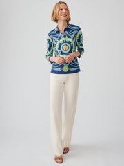 J.McLaughlin Court 3/4 Sleeve Polo In Nouveau Middleburg Navy/green/blue | Women Shirts & Tops