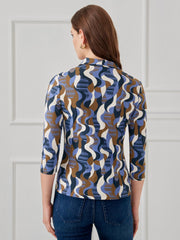 J.McLaughlin Court 3/4 Sleeve Polo In Retro Wave Navy/dark Green | Women Shirts & Tops