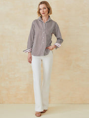 J.McLaughlin Finn Shirt With Ribbon Trim In Stripe White/brown | Women Shirts & Tops