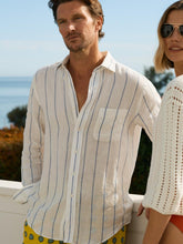 J.McLaughlin Gramercy Classic Fit Linen Shirt In Wide Stripe White/blue | Men Shirts