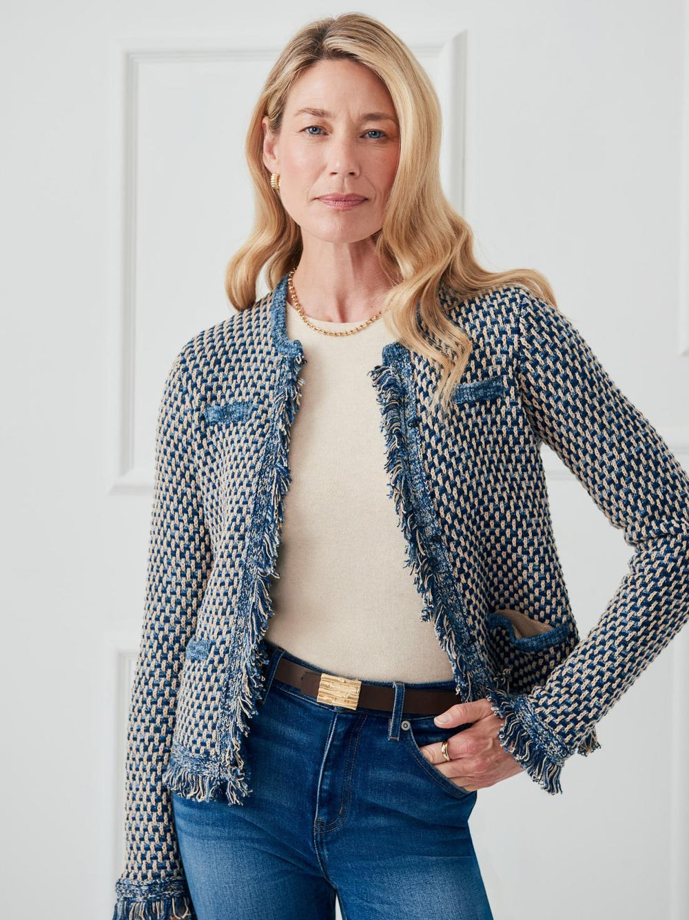 J.McLaughlin Marceline Cardigan Denim/tan | Women Sweaters