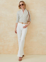 J.McLaughlin Sahara Ruffle Top In Tidal Geo Off White/khaki | Women Shirts & Tops