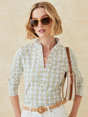 J.McLaughlin Sahara Ruffle Top In Tidal Geo Off White/khaki | Women Shirts & Tops