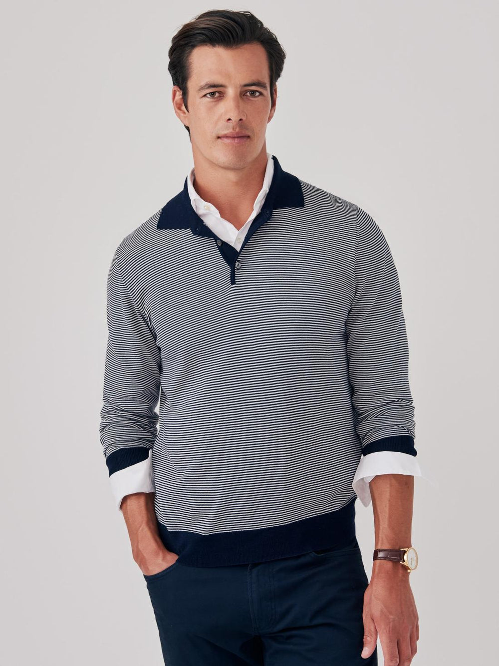 J.McLaughlin Savona Polo Sweater In Stripe Navy/ivory | Men/Women Sweaters