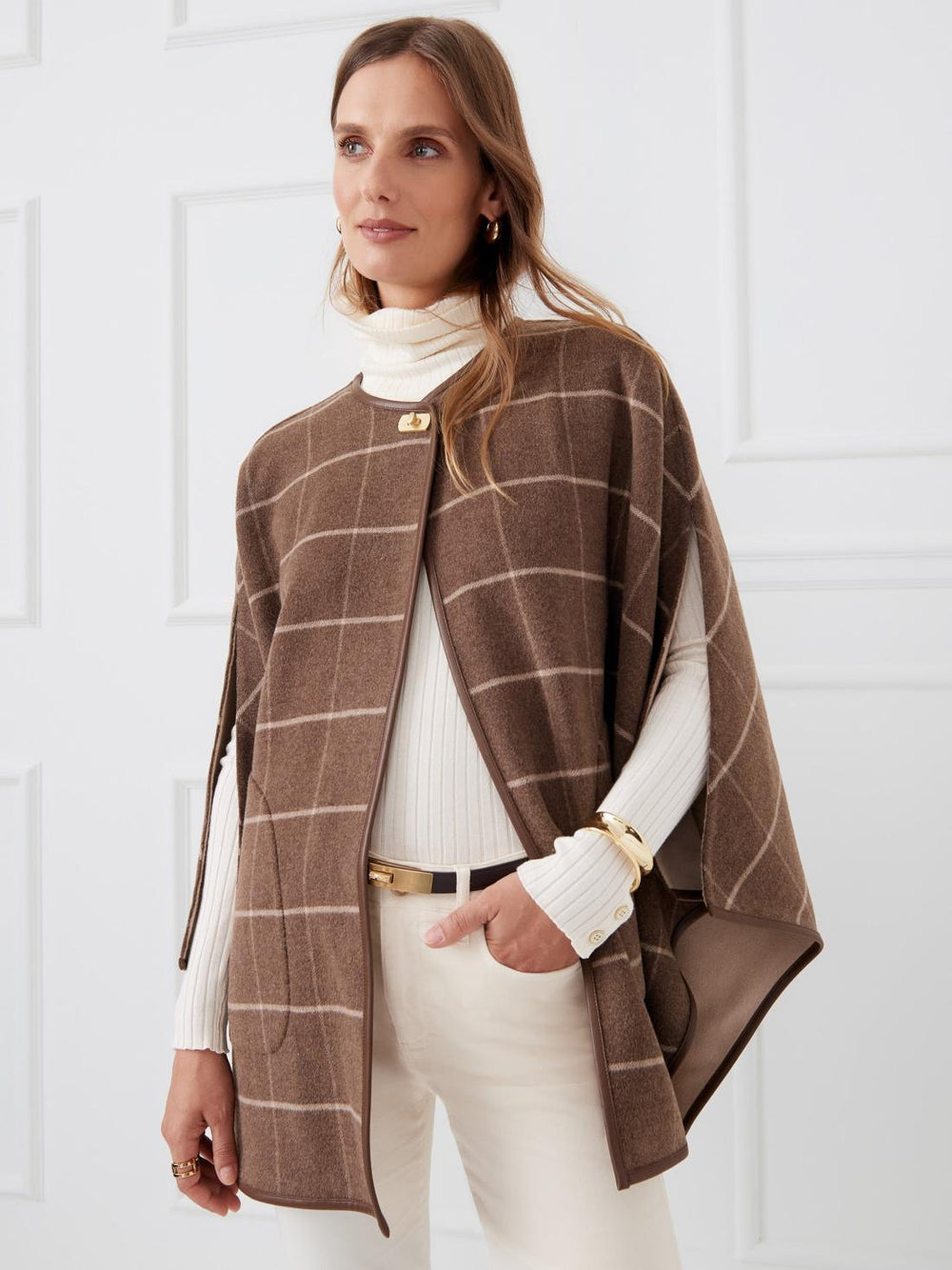 J.McLaughlin Winifred Cape In Plaid Brown/cream | Women Shoes & Accessories