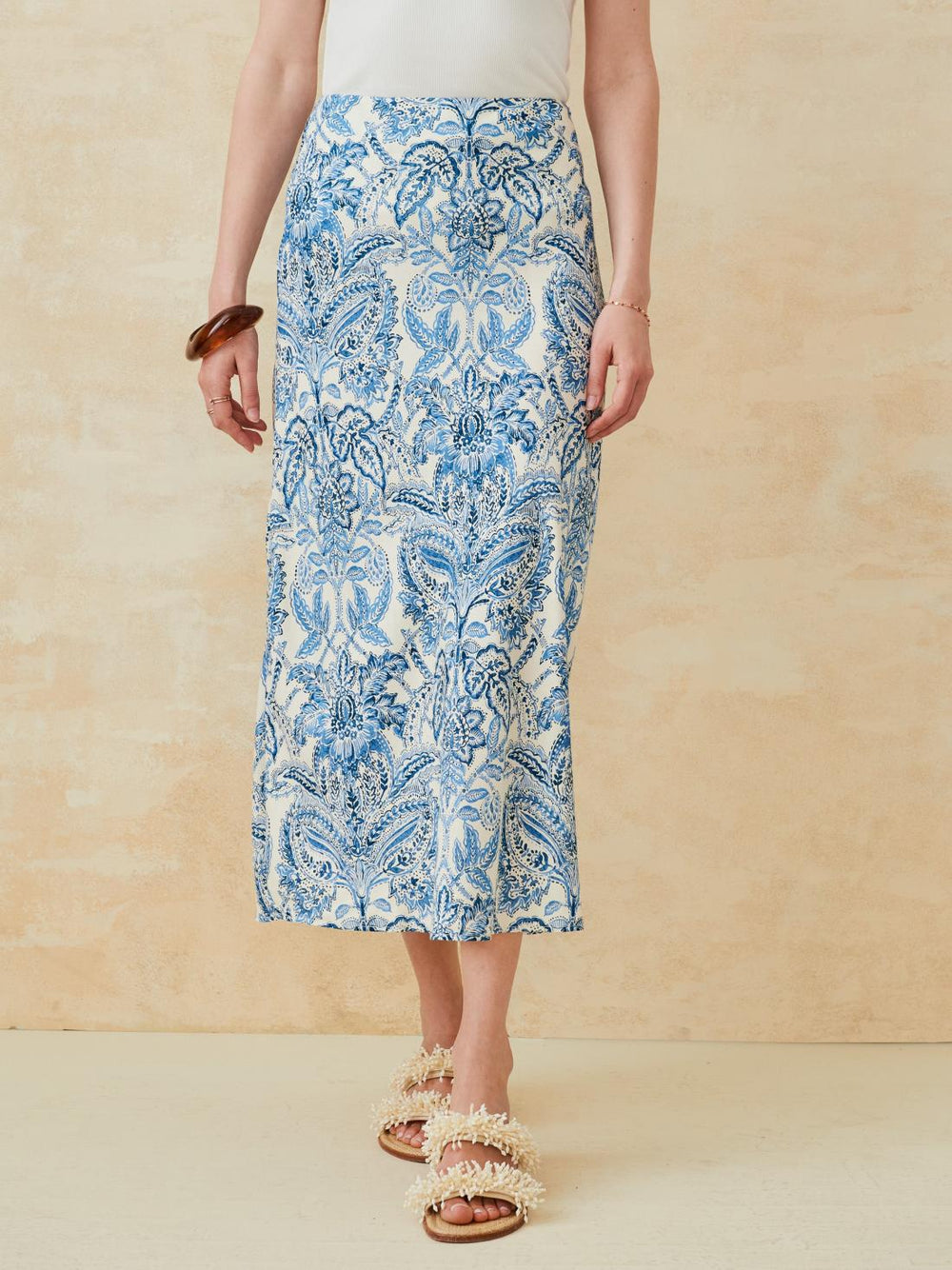 J.McLaughlin Adelyn Silk Blend Skirt In Paisley Flourish Bias Off White/dark Blue | Women Skirts