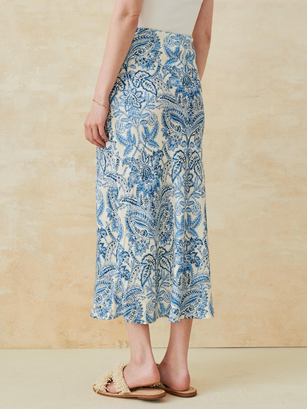 J.McLaughlin Adelyn Silk Blend Skirt In Paisley Flourish Bias Off White/dark Blue | Women Skirts