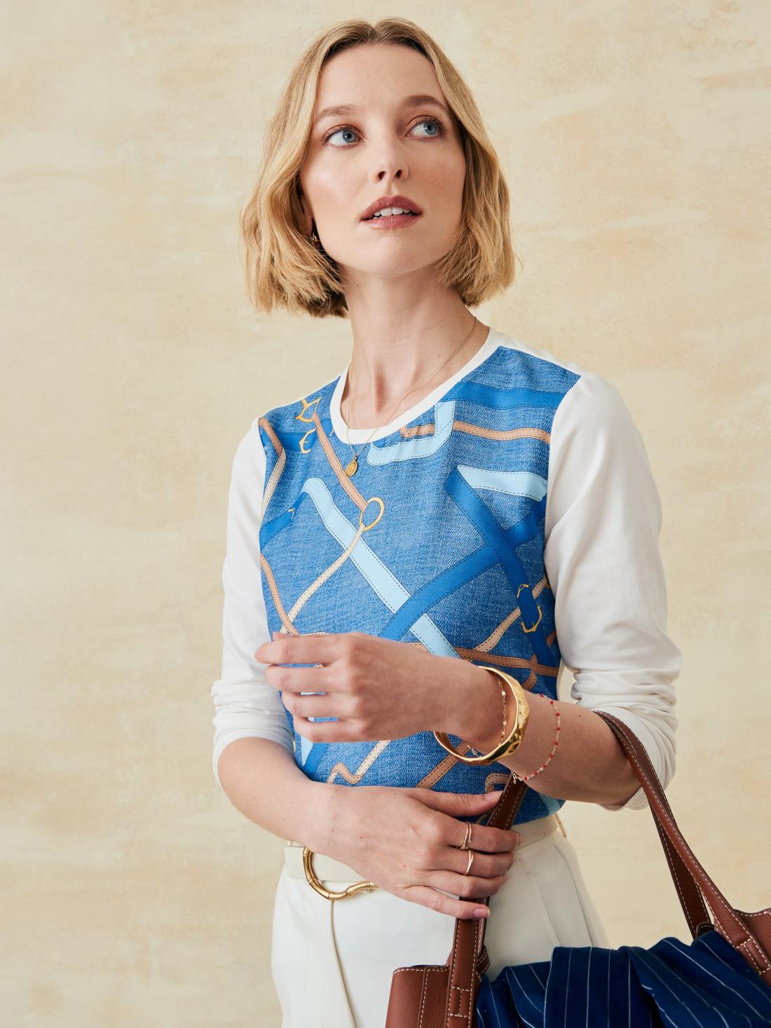 J.McLaughlin Alessandra Silk Blend Tee In Buckhead Belt Texture Denim/tan | Women Shirts &amp; Tops