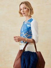 J.McLaughlin Alessandra Silk Blend Tee In Buckhead Belt Texture Denim/tan | Women Shirts &amp; Tops