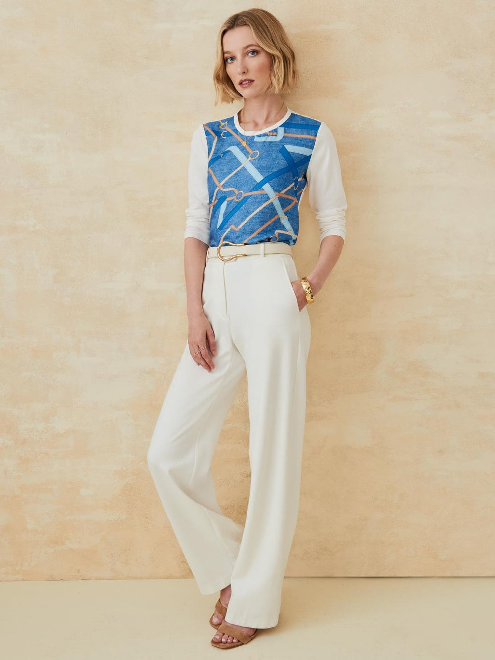 J.McLaughlin Alessandra Silk Blend Tee In Buckhead Belt Texture Denim/tan | Women Shirts &amp; Tops