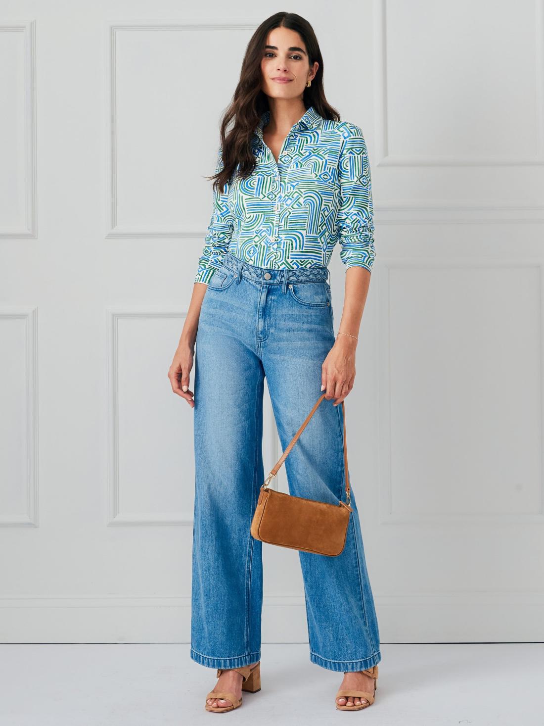 J.McLaughlin Betty Shirt In Geo Maze Off White/blue/green | Women Shirts &amp; Tops