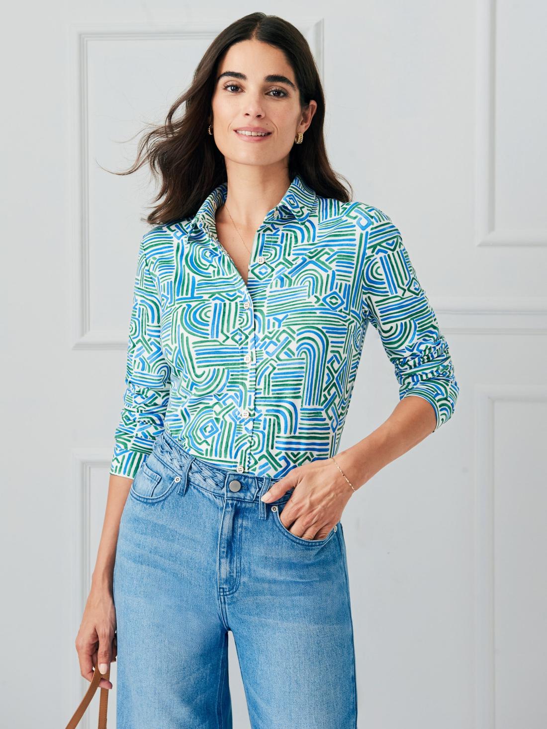 J.McLaughlin Betty Shirt In Geo Maze Off White/blue/green | Women Shirts &amp; Tops