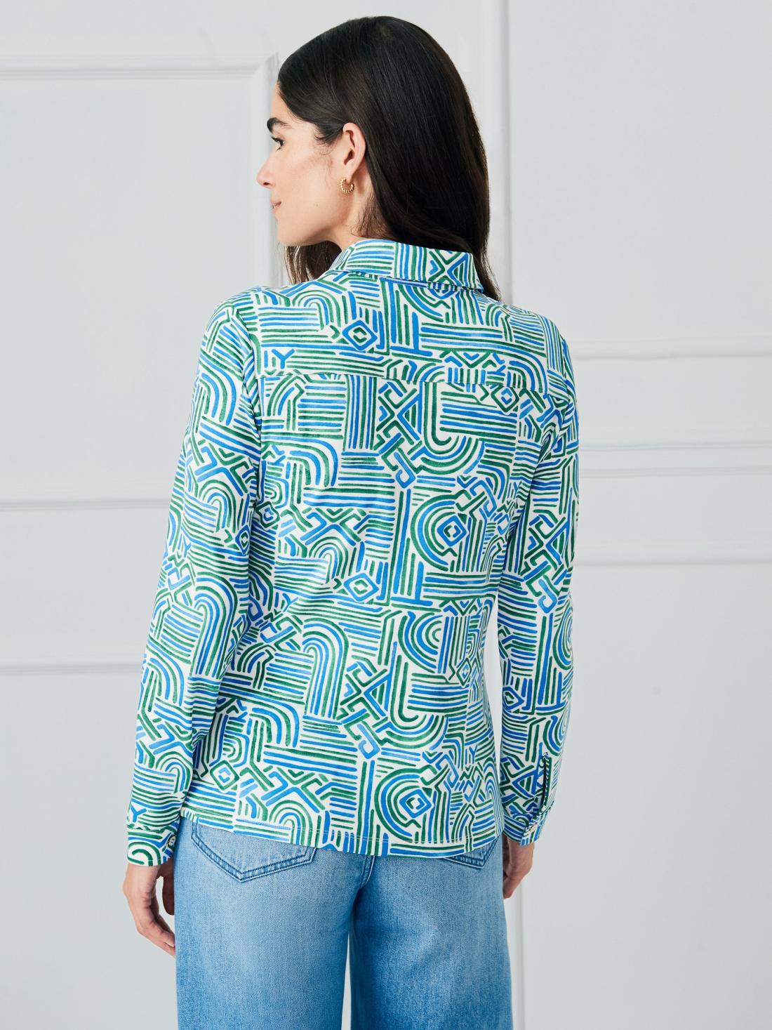 J.McLaughlin Betty Shirt In Geo Maze Off White/blue/green | Women Shirts &amp; Tops