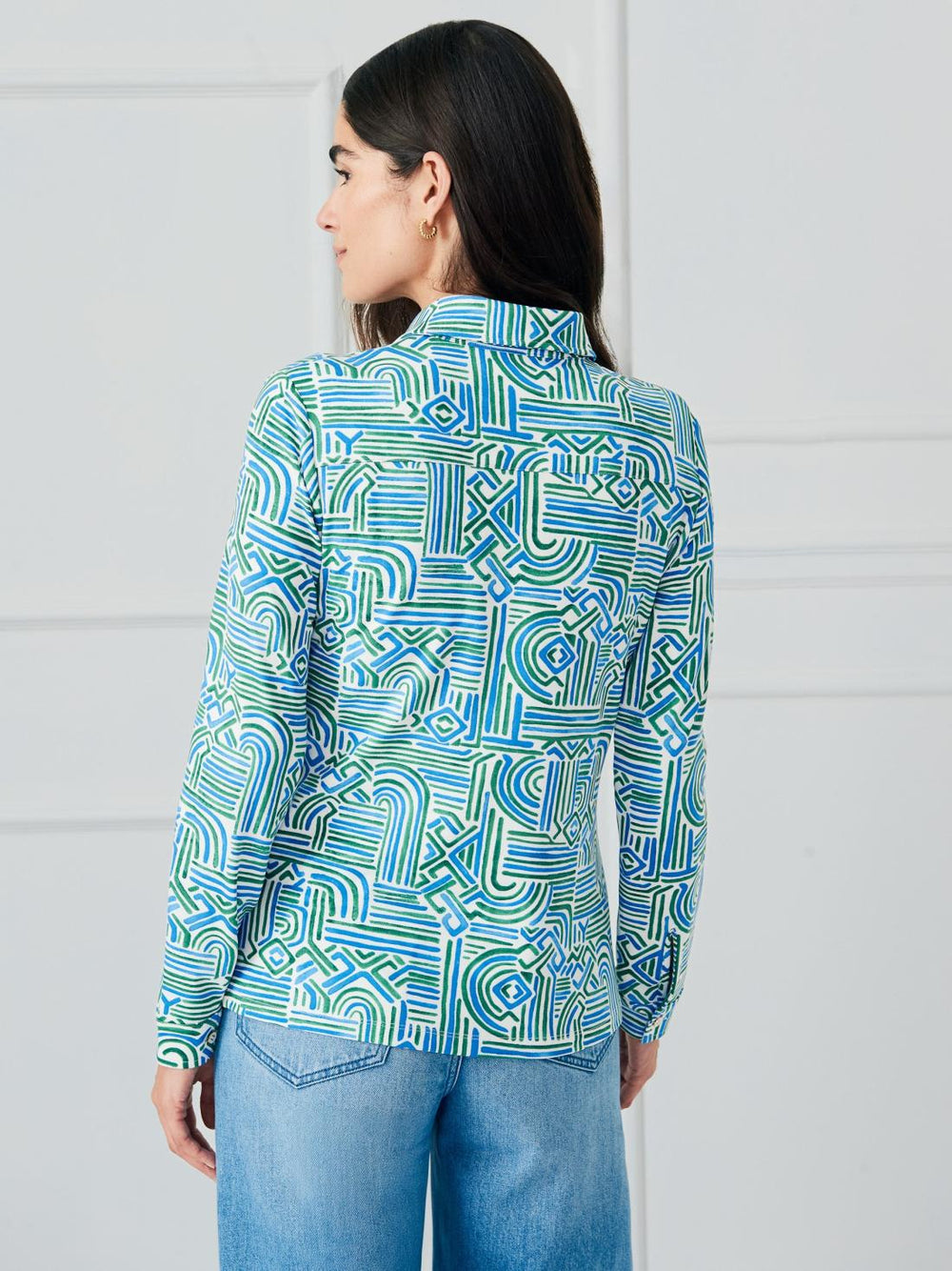 J.McLaughlin Betty Shirt In Geo Maze Off White/blue/green | Women Shirts &amp; Tops