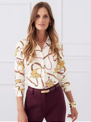 J.McLaughlin Betty Shirt In Neo Scylla Off White/gold/brown | Women Shirts &amp; Tops
