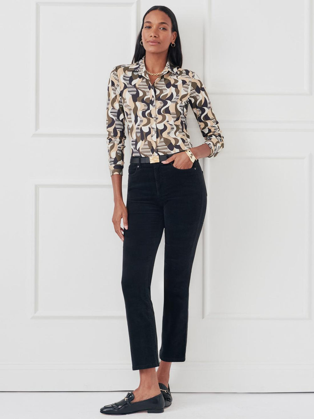 J.McLaughlin Betty Shirt In Retro Wave Olive/black | Women Shirts &amp; Tops