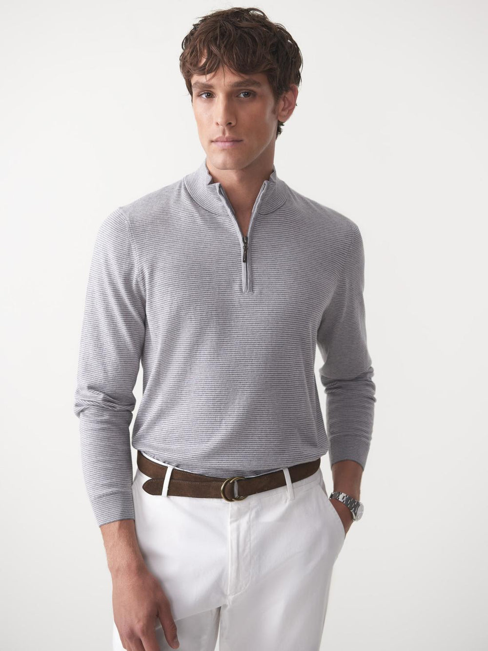 J.McLaughlin Brookhaven 1/4 Zip Sweater In Stripe Gray/light Gray | Men/Women Sweaters