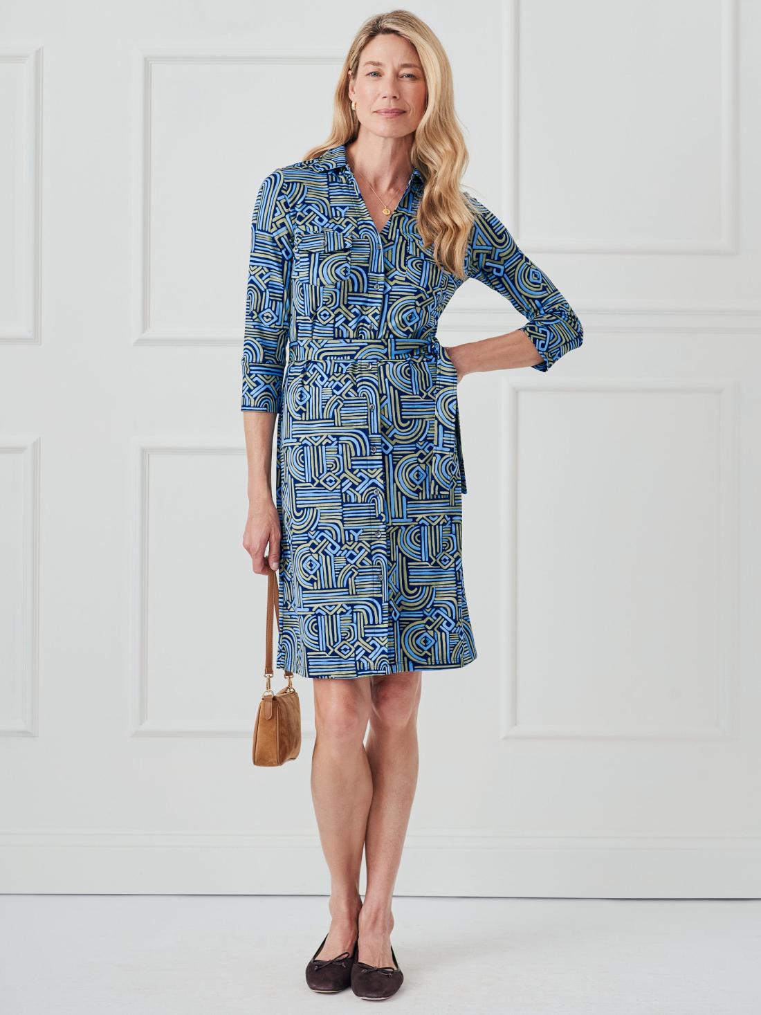 J.McLaughlin Brynn Dress In Geo Maze Navy/blue/olive | Women Dresses