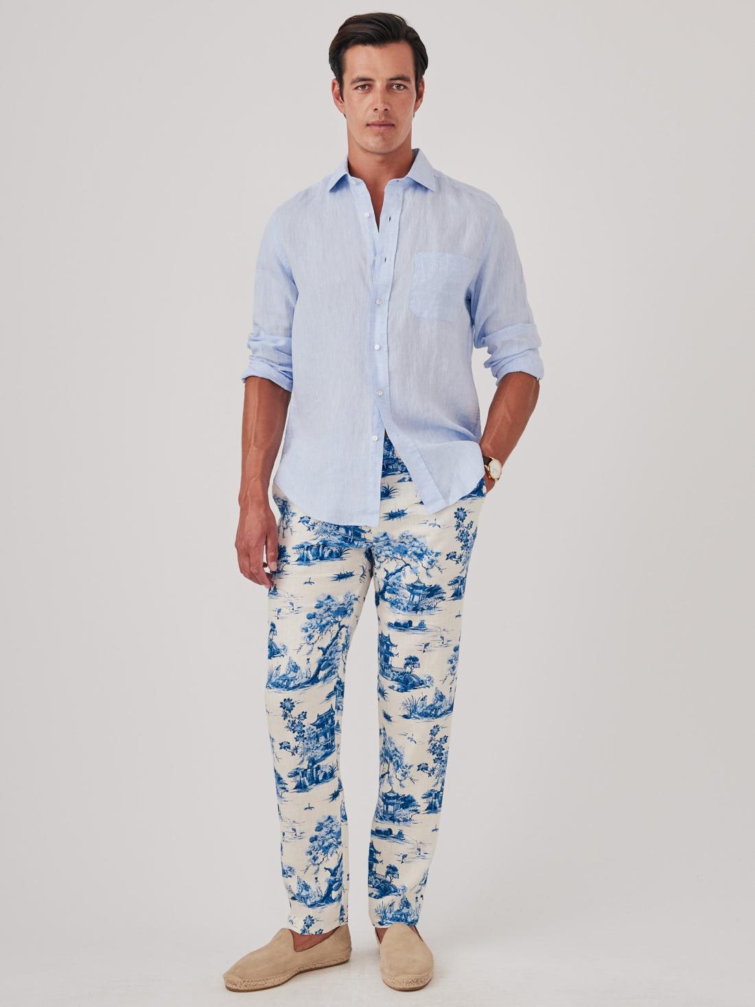 J.McLaughlin Callistair Linen Pants In Imperial Toile Off White/blue | Men Pants