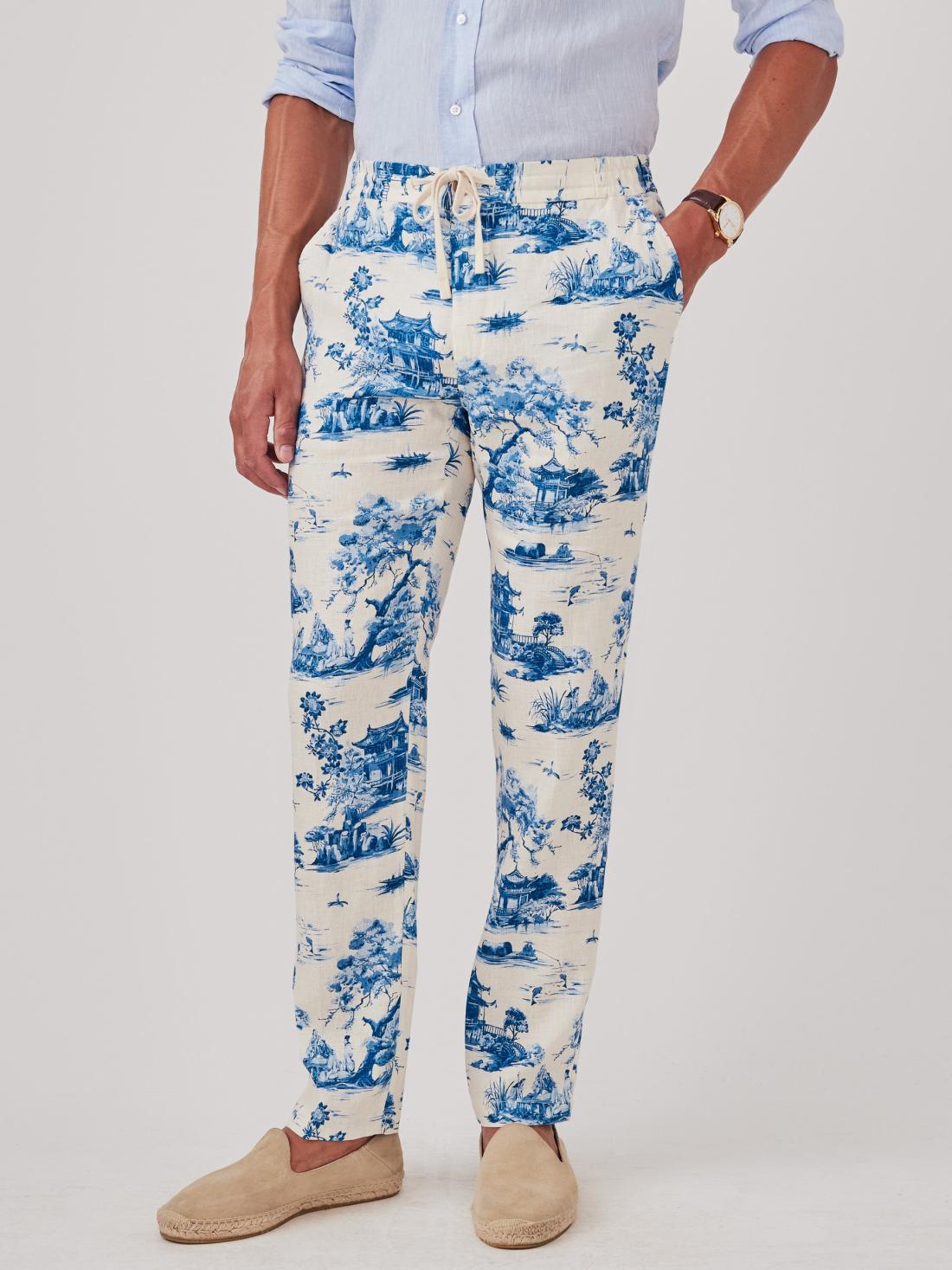 J.McLaughlin Callistair Linen Pants In Imperial Toile Off White/blue | Men Pants