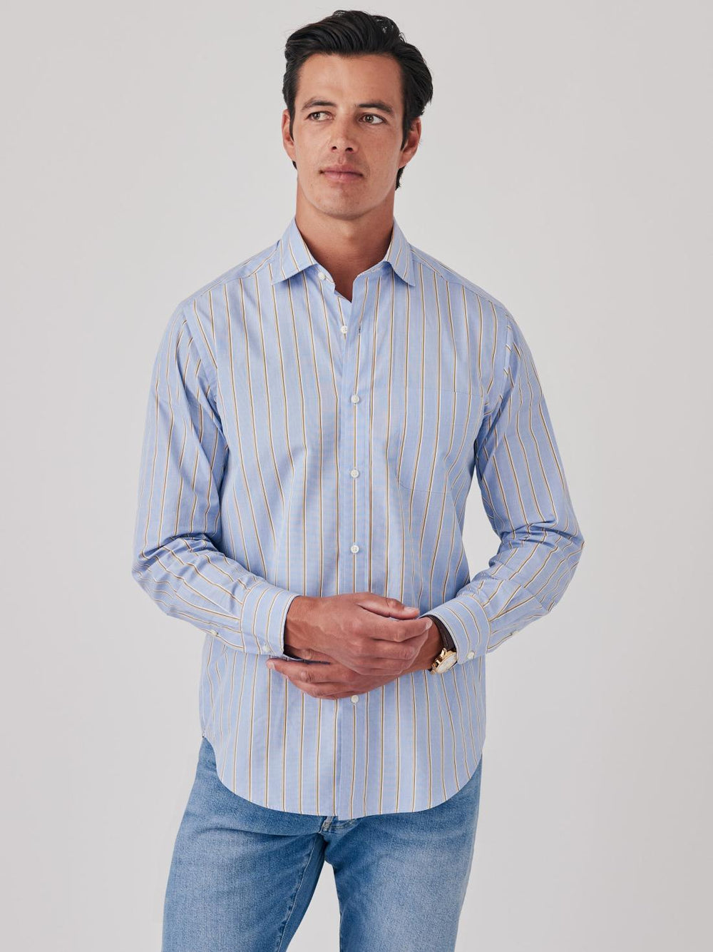J.McLaughlin Club Classic Fit Shirt In Shadow Stripe Yellow/blue/white | Men Shirts