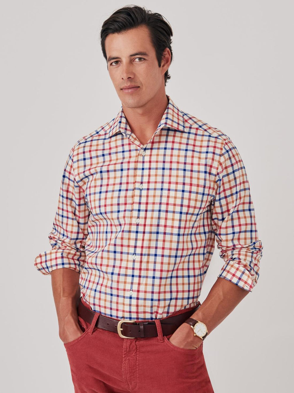 J.McLaughlin Club Classic Fit Shirt In Tattersall Orange/ivory/oxford Blue | Men Shirts