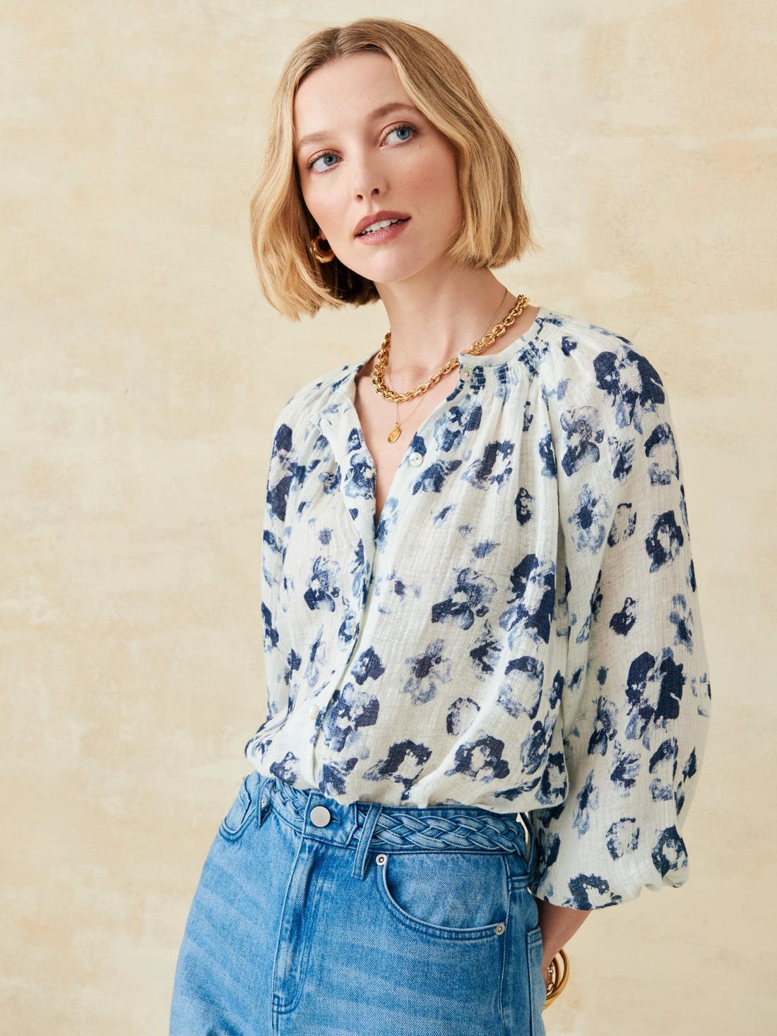 J.McLaughlin Constance Linen Blouse In Painted Leopard White/blue | Women Shirts &amp; Tops