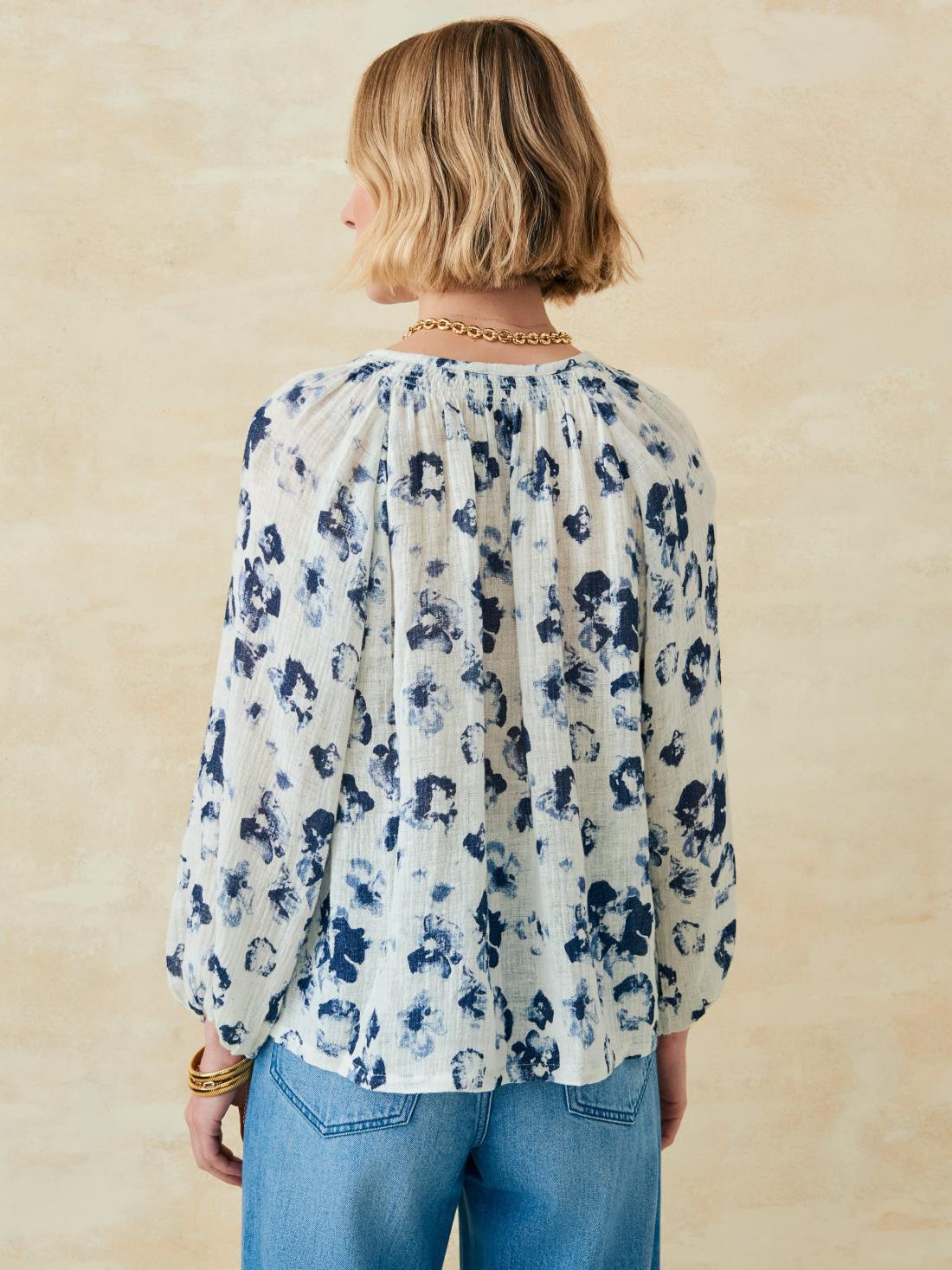 J.McLaughlin Constance Linen Blouse In Painted Leopard White/blue | Women Shirts &amp; Tops