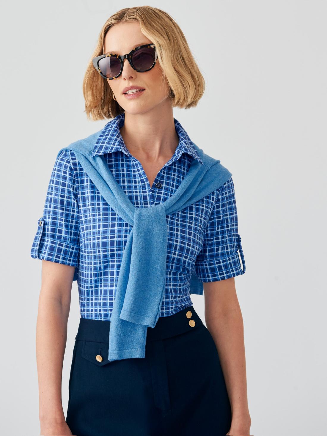 J.McLaughlin Cornelia Shirt In Layered Lines Navy/blue | Women Catalina Cloth™ Dresses