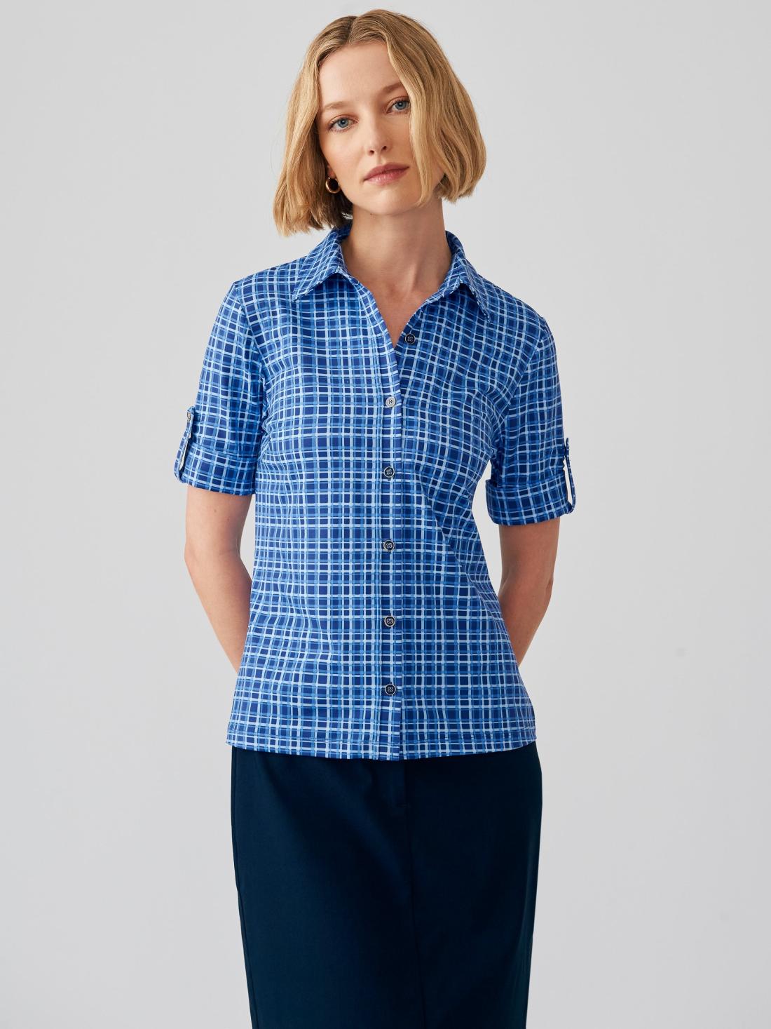 J.McLaughlin Cornelia Shirt In Layered Lines Navy/blue | Women Catalina Cloth™ Dresses