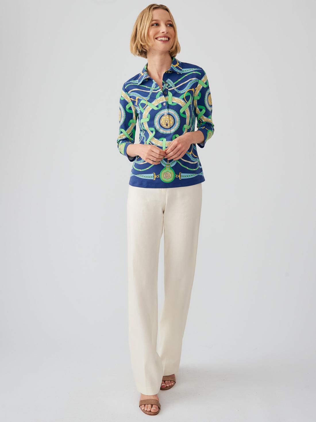J.McLaughlin Court 3/4 Sleeve Polo In Nouveau Middleburg Navy/green/blue | Women Shirts &amp; Tops