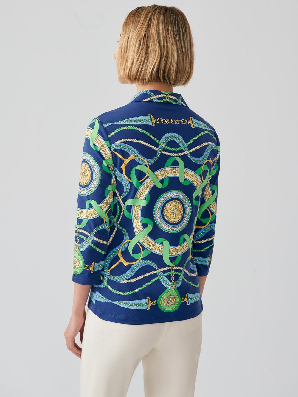 J.McLaughlin Court 3/4 Sleeve Polo In Nouveau Middleburg Navy/green/blue | Women Shirts &amp; Tops
