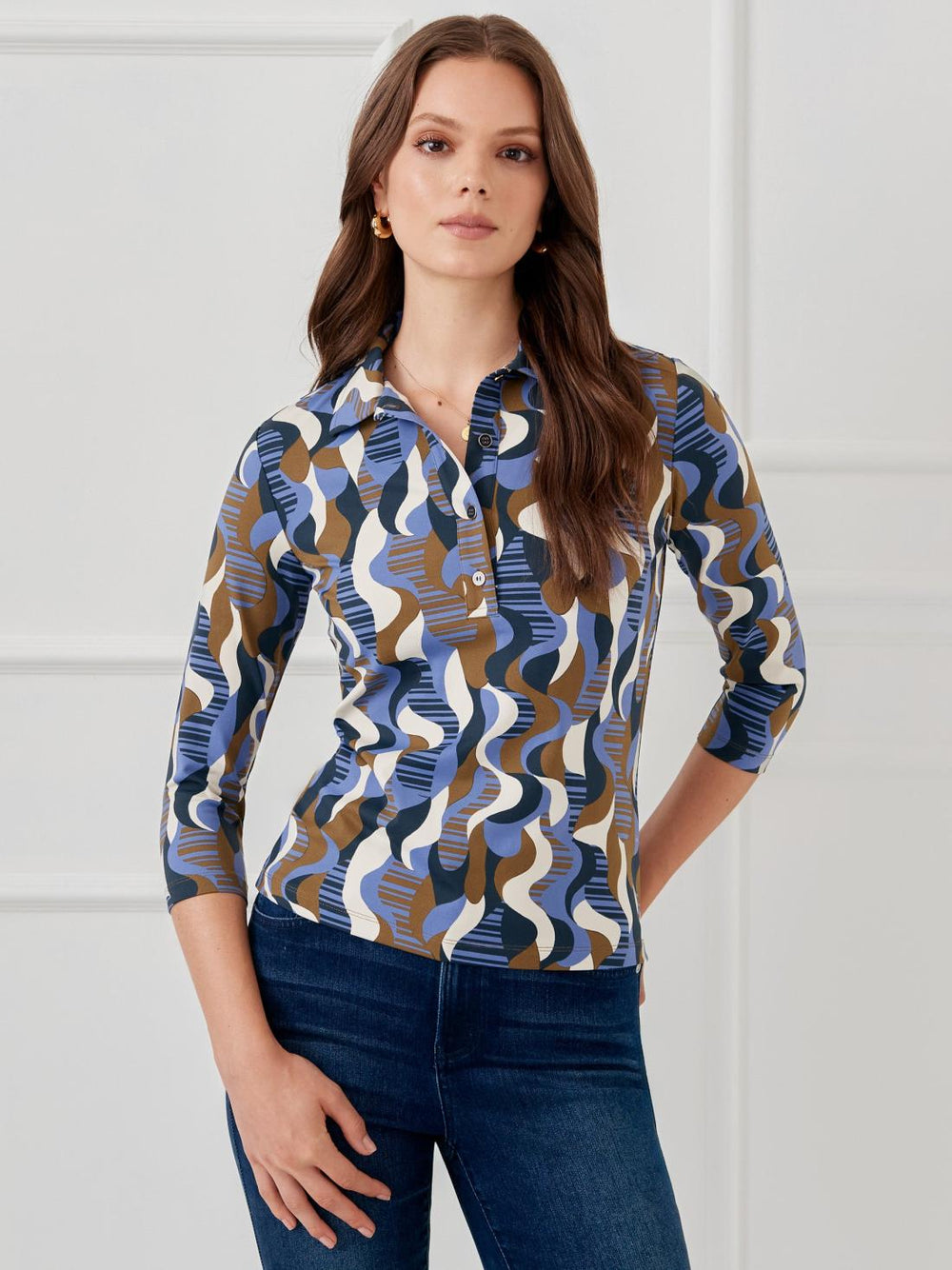 J.McLaughlin Court 3/4 Sleeve Polo In Retro Wave Navy/dark Green | Women Shirts &amp; Tops