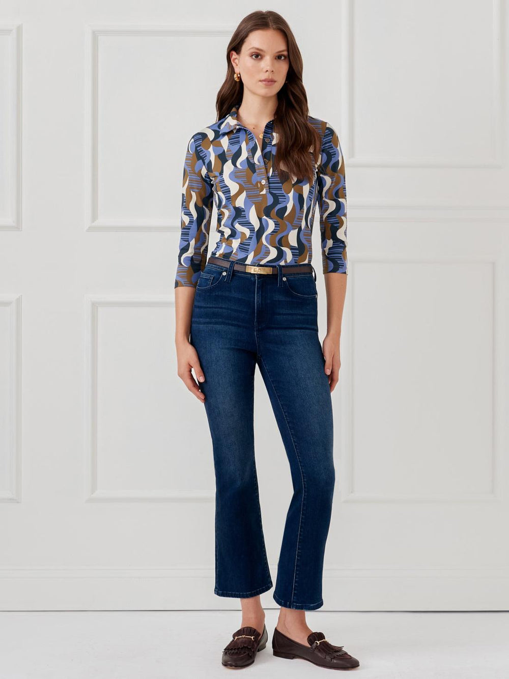 J.McLaughlin Court 3/4 Sleeve Polo In Retro Wave Navy/dark Green | Women Shirts &amp; Tops