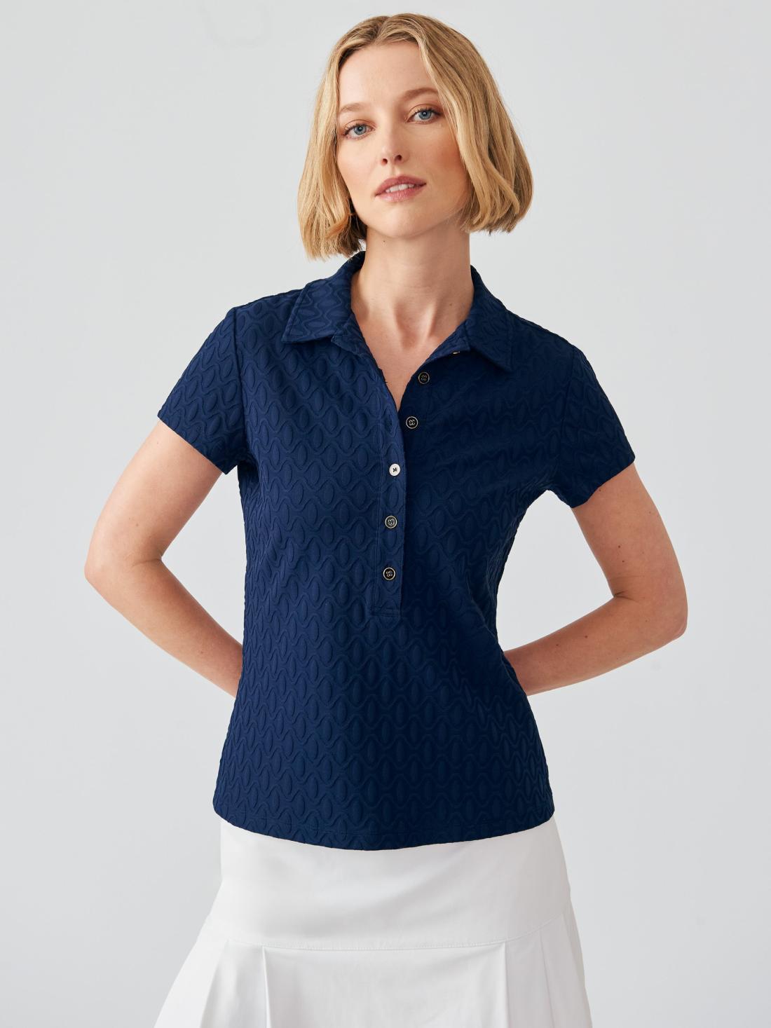 J.McLaughlin Court Cap Sleeve Polo In Mini Wave Bubble Jacquard Navy | Women Shirts &amp; Tops