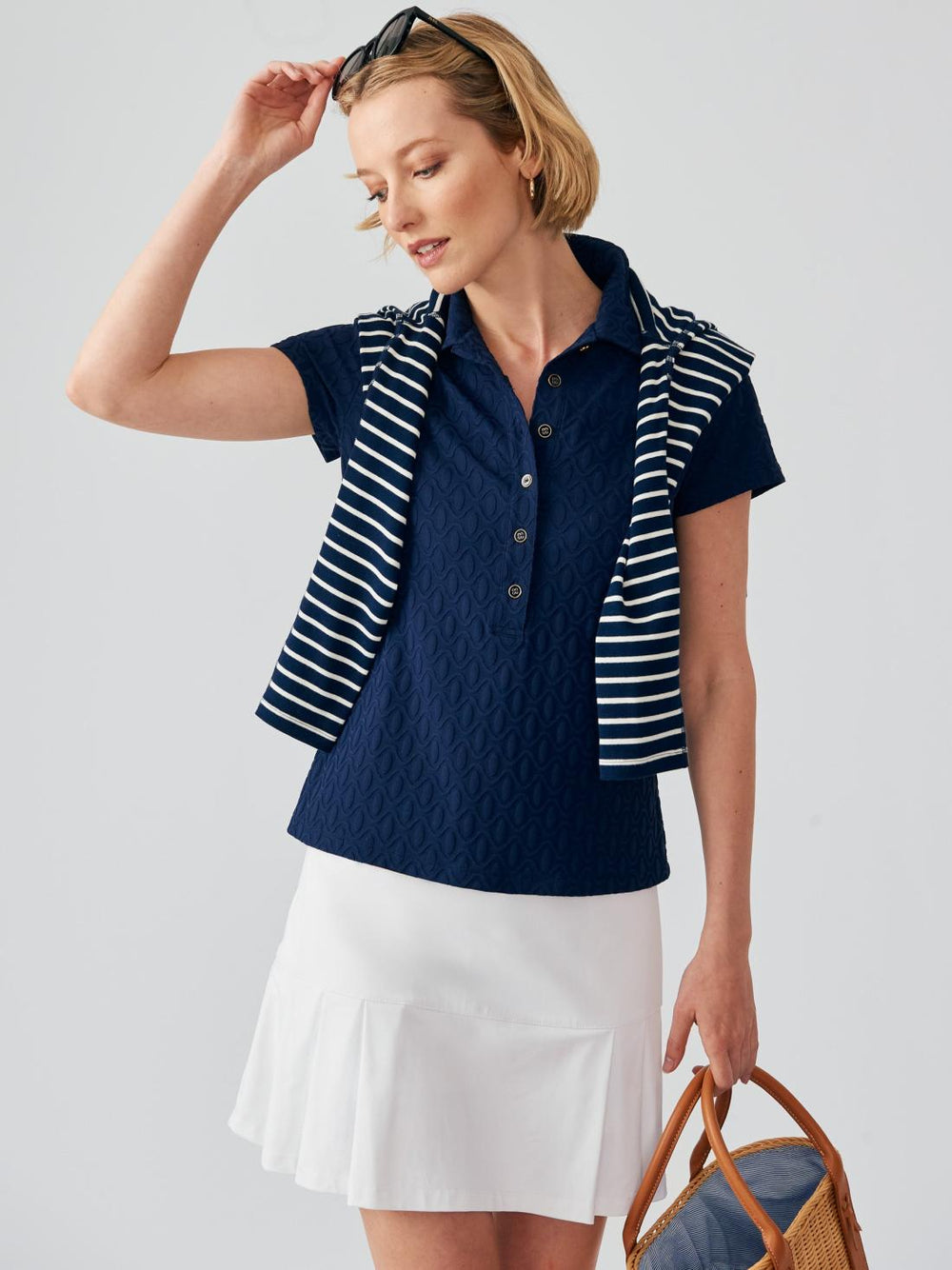 J.McLaughlin Court Cap Sleeve Polo In Mini Wave Bubble Jacquard Navy | Women Shirts &amp; Tops