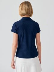 J.McLaughlin Court Cap Sleeve Polo In Mini Wave Bubble Jacquard Navy | Women Shirts &amp; Tops