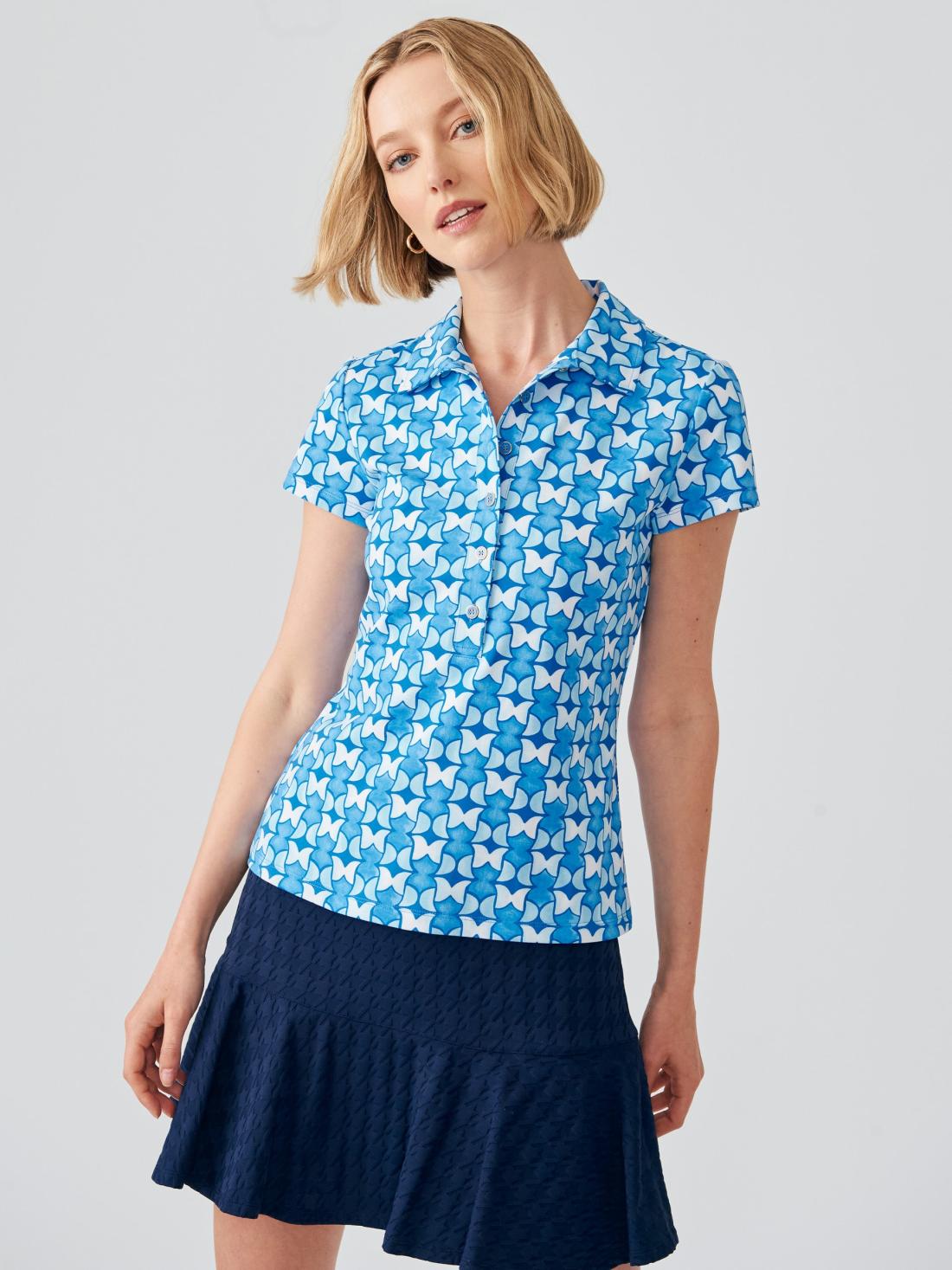 J.McLaughlin Court Cap Sleeve Polo In Pop Tulip Dark Blue/blue/white | Women Shirts &amp; Tops