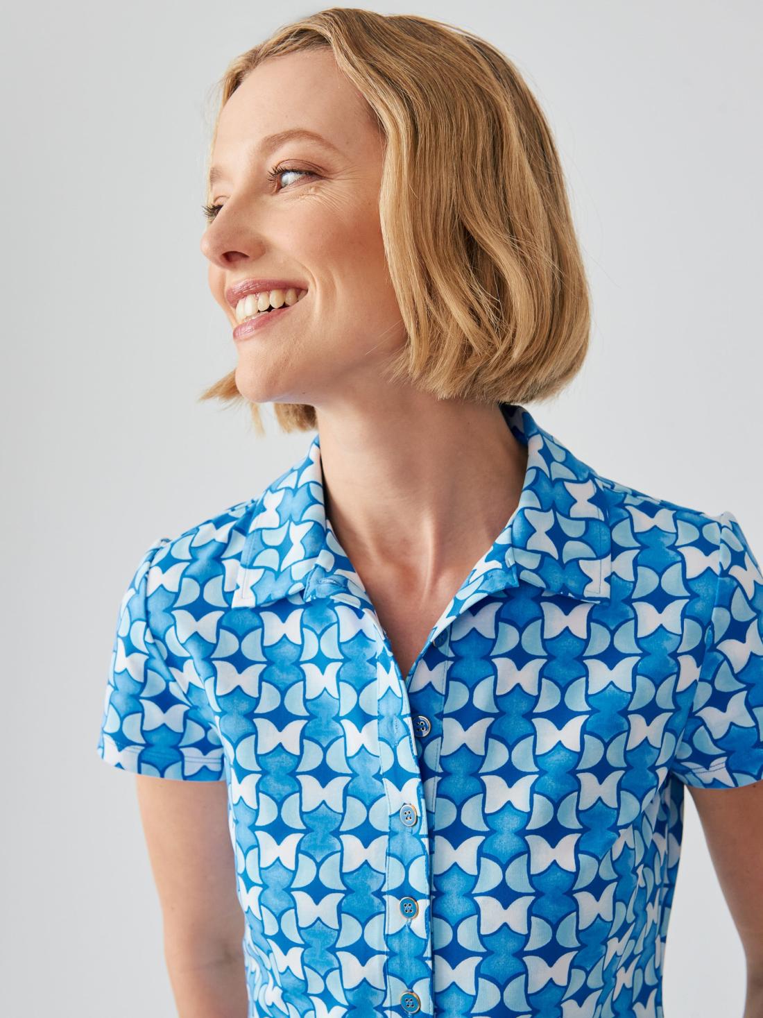 J.McLaughlin Court Cap Sleeve Polo In Pop Tulip Dark Blue/blue/white | Women Shirts &amp; Tops