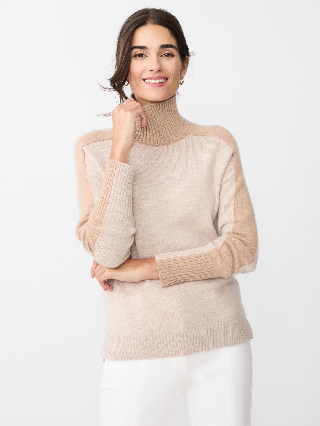 J.McLaughlin Dina Cashmere Turtleneck In Color Block Heather Oatmeal/camel | Women Sweaters