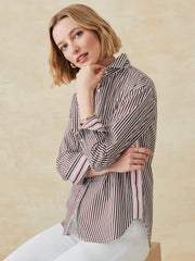 J.McLaughlin Finn Shirt With Ribbon Trim In Stripe White/brown | Women Shirts &amp; Tops